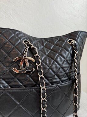 Vintage Chanel Quilted Black Leather Chain Tote Large Shoulder Bag Authentic
